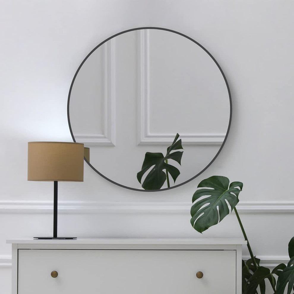 Round Aluminium Framed Wall Mounted Mirror in Black, Black, 24"