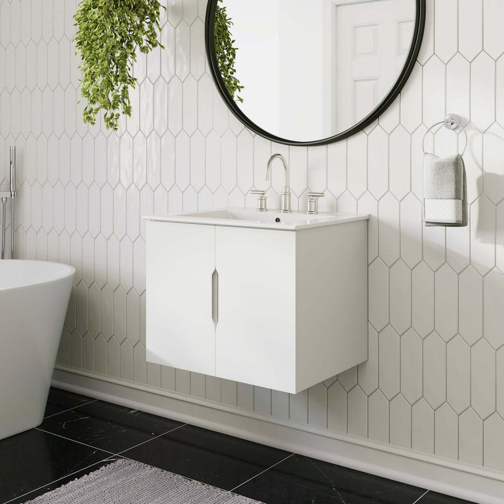Sink Vanity Cabinet, White, Ceramic, Melamine, Modern, Hotel Bathroom Guest