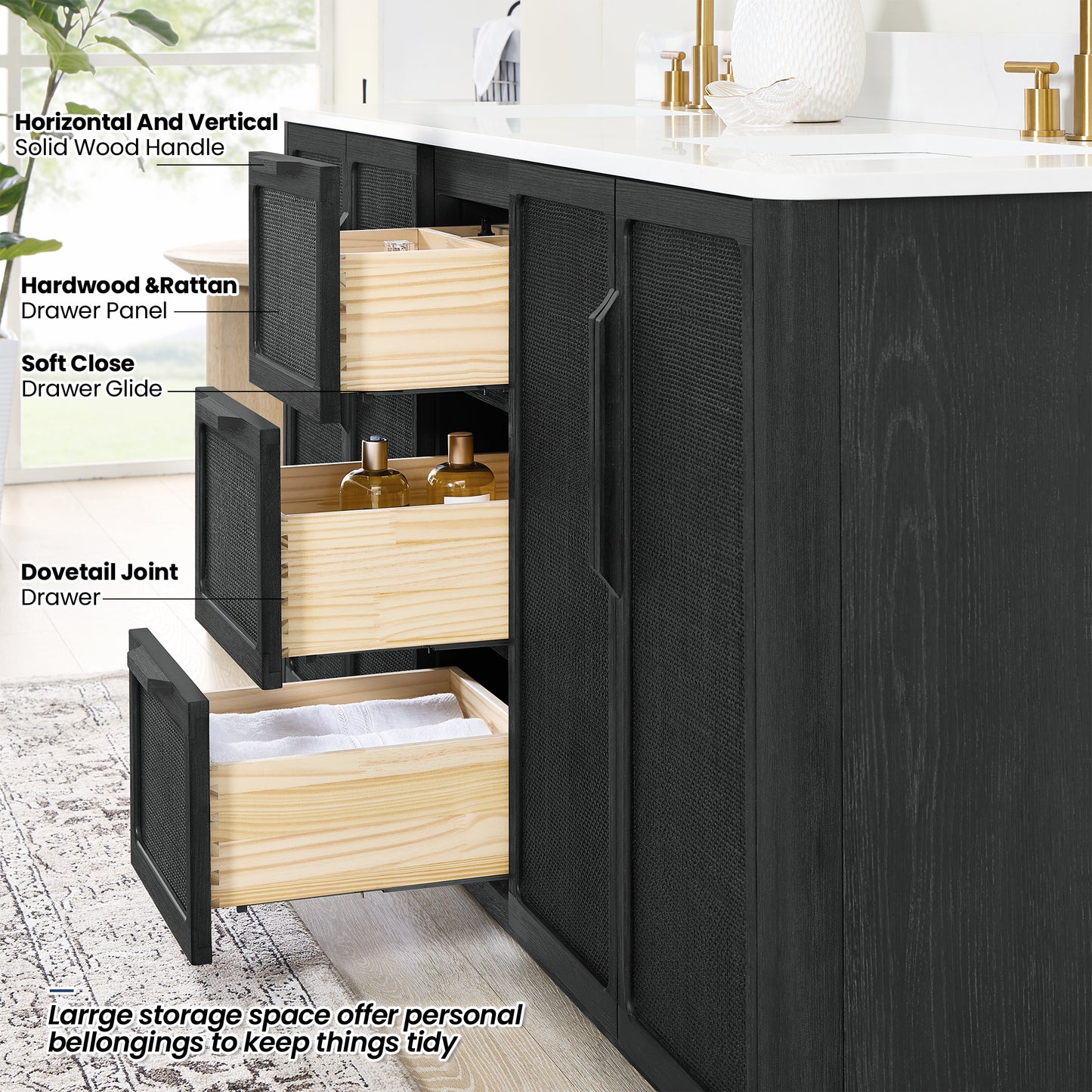 Busan Bath Vanity, Quartz Top No Mirror, Oak Classic Black, 60", Double Vanity