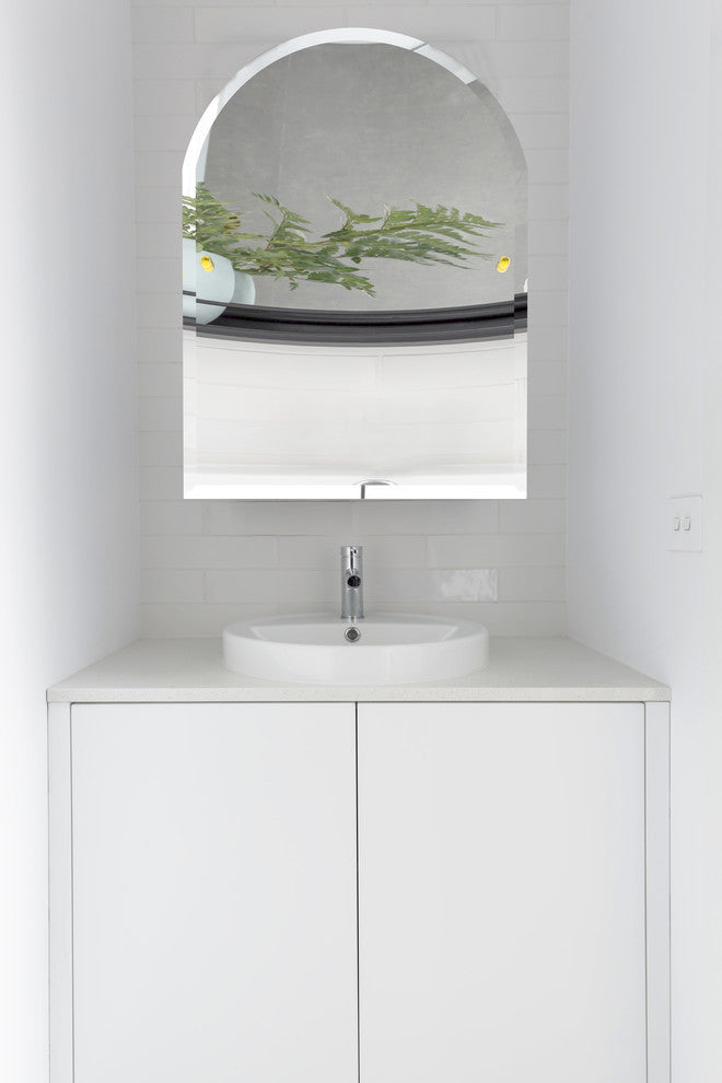 Frameless Arch Top Beveled Edge Tilt Mirror, Antique Pewter