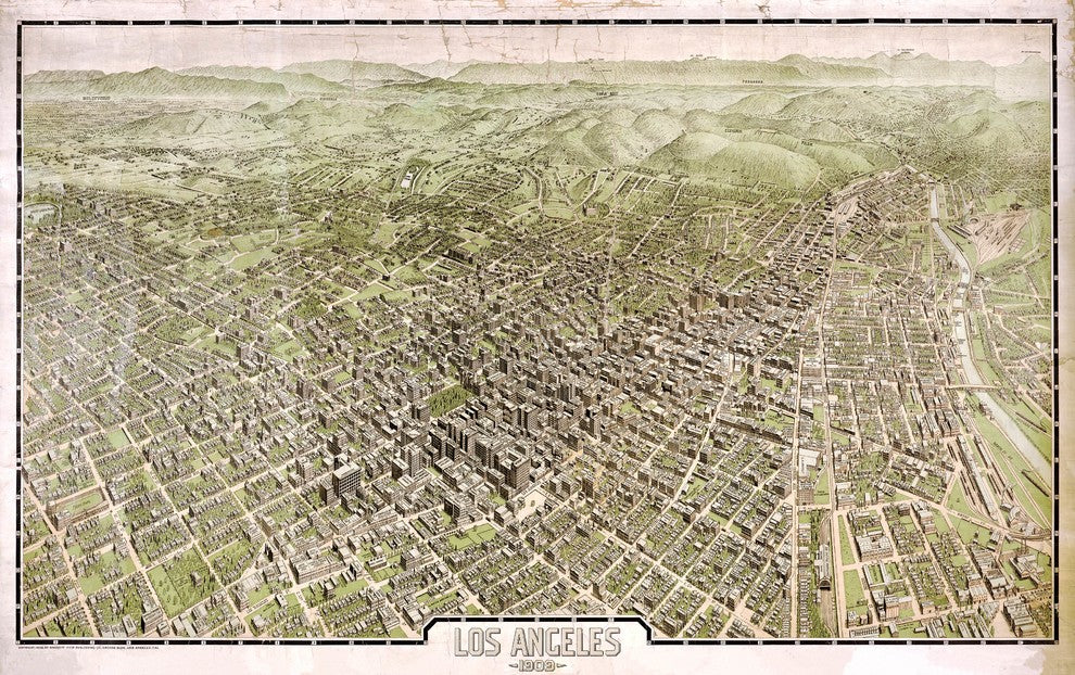 Los Angeles 1909, Birds-Eye Wall Map Mural, Peel and Stick 3-Panel, 107"x67"