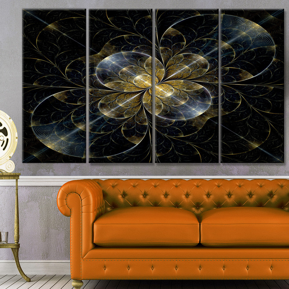 Symmetrical Golden Fractal Flower, Floral Canvas Art Print, 48"x28", 4 Panels