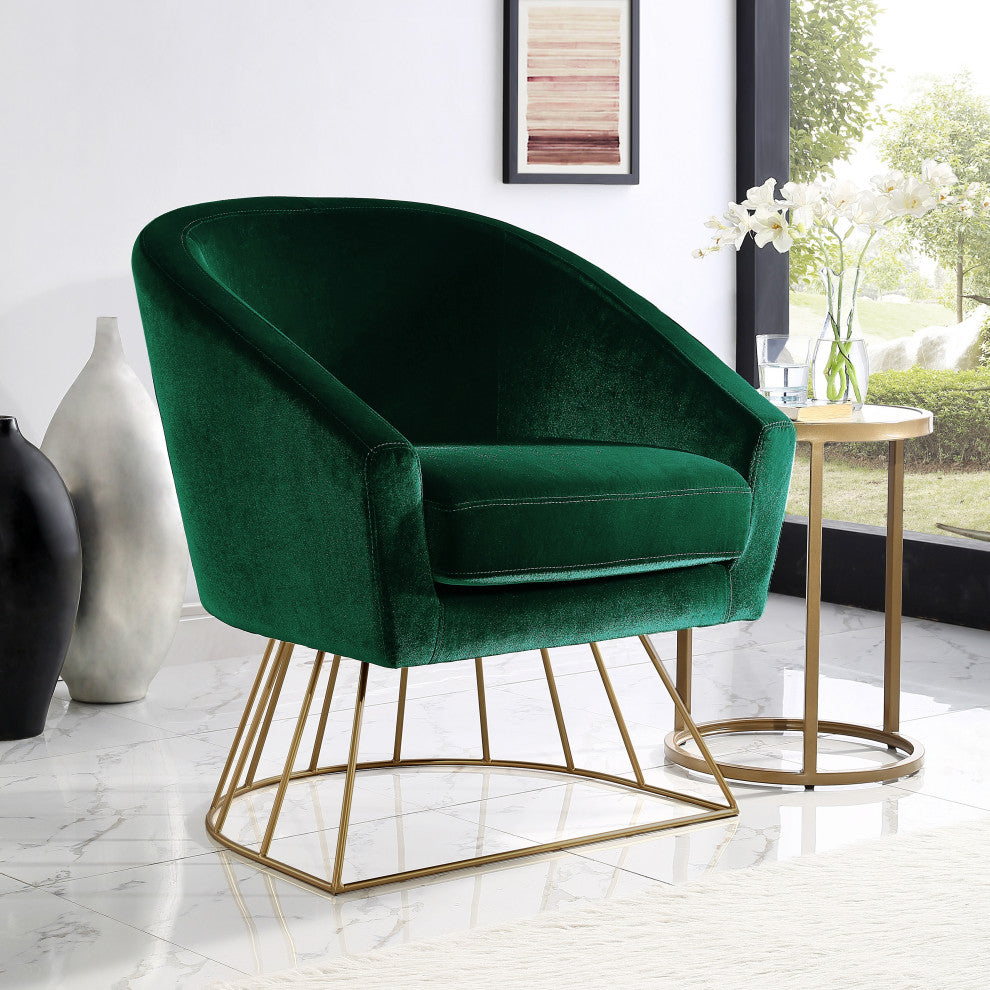 Alice Velvet Barrel Accent Chair With Metal Base, Green and Gold