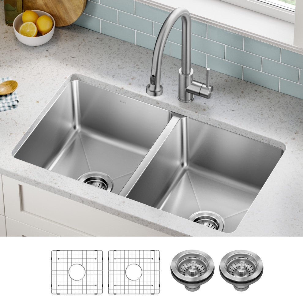 KRAUS Fairlane 33" Undermount 2-Bowl 18 Gauge Stainless Steel Kitchen Sink