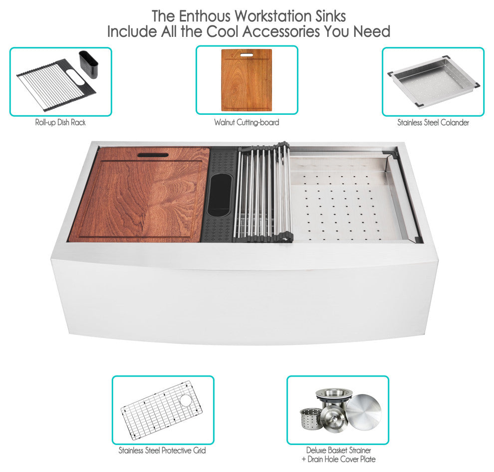 Workstation 36" Farmhouse Apron 16 Gauge SingleBowl Stainless Steel Kitchen Sink