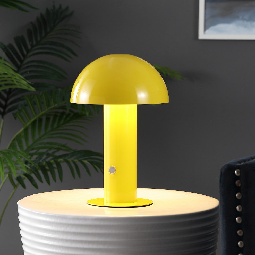 Boletus 10.75" Rechargeable/Cordless Iron Integrated Mushroom Table Lamp, Yellow