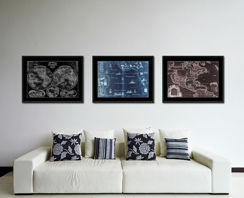 Portolan Chart Vivid Map Print On Canvas With Black Frame, 16" X 21"