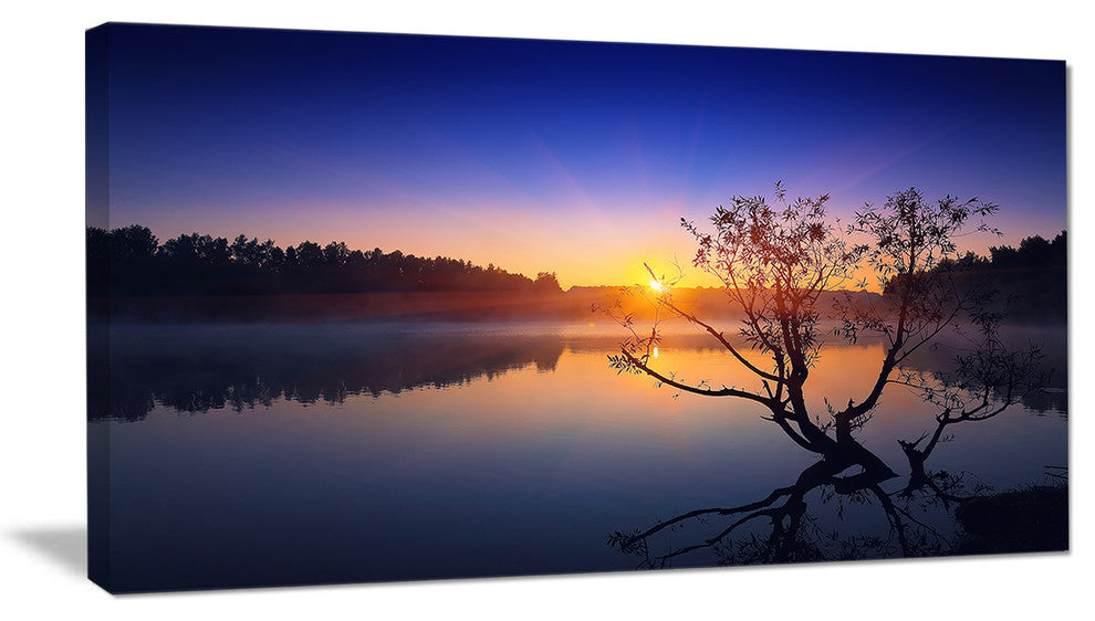 "Lonely Tree in Pond in Blue" Wall Art Landscape, 32"x16"
