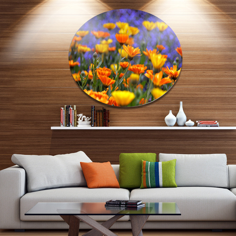 Yellow Orange Flower Garden, Floral Round Wall Art, 23"