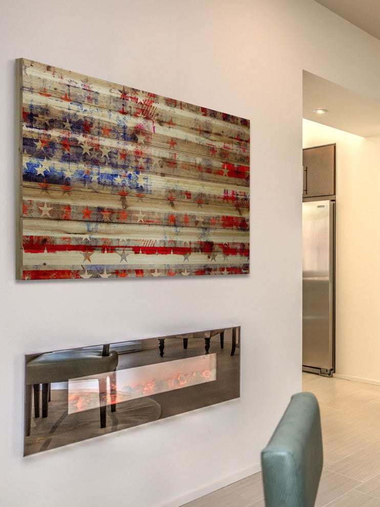 "Stars and Stripes" Print on Natural Pine Wood, 36"x24"