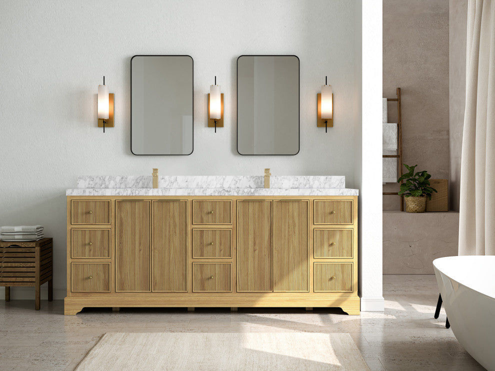 Austin 84 Double Sink Bath Vanity in Light Natural Teak 2" Carrara Marble