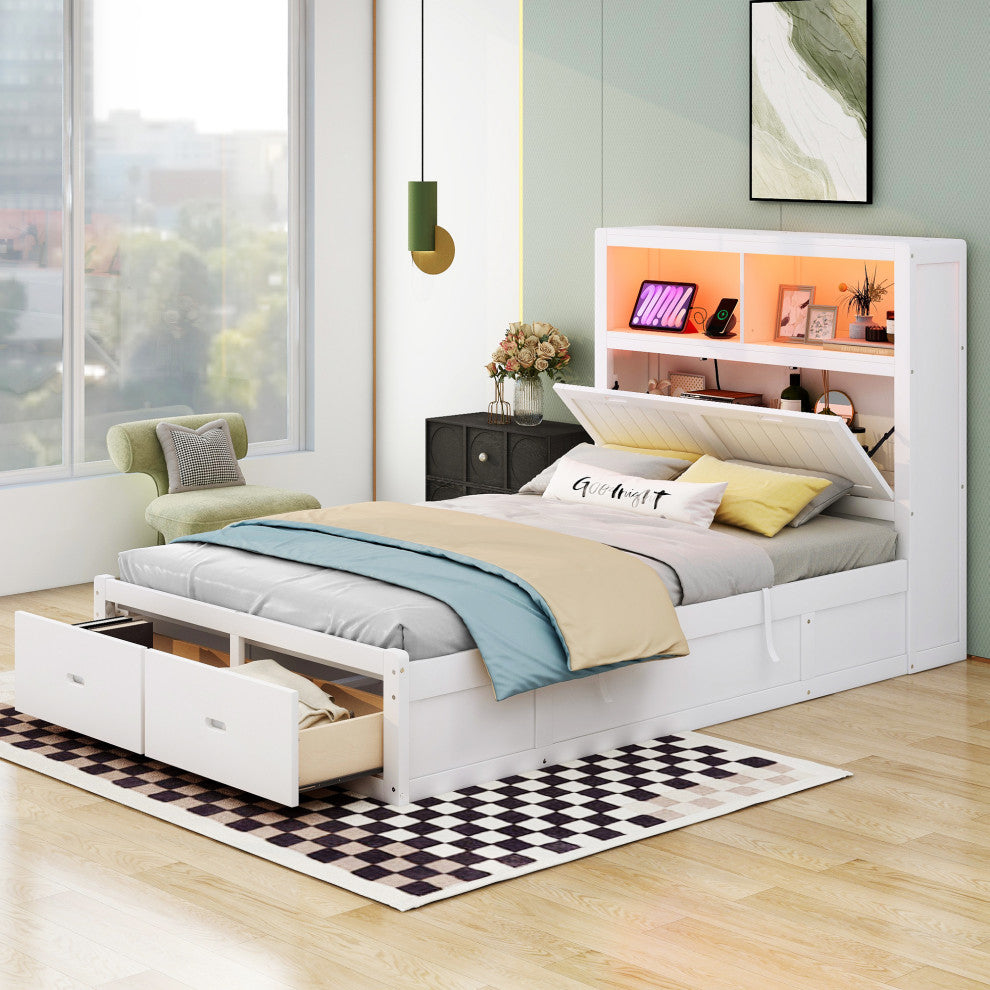 Gewnee Wood Full Size Hydraulic Platform Bed with Storage LED Headboard