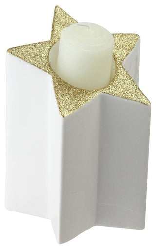 6.25" White and Gold Colored Star Shaped Glittered Tea Light Candle Holder