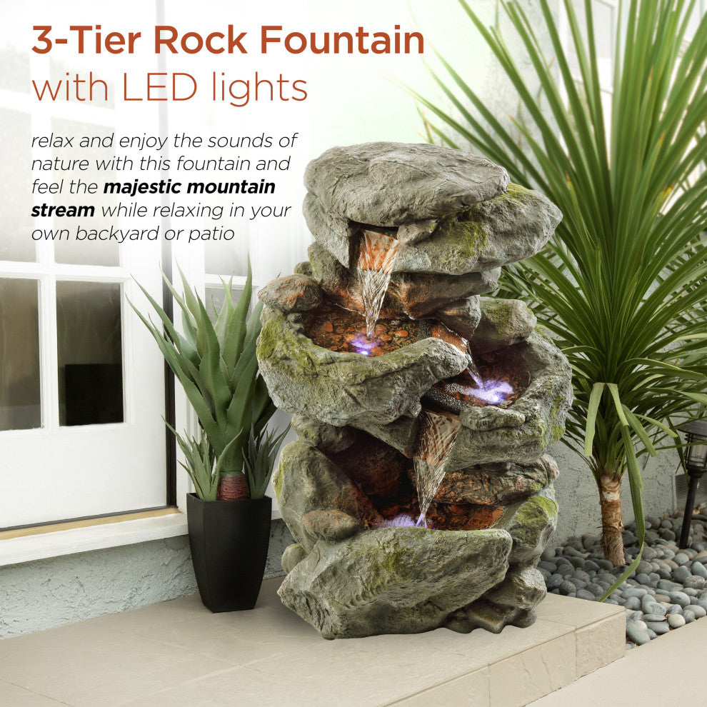 22" Tall Outdoor 3-Tier Rock Waterfall Fountain with LED Lights
