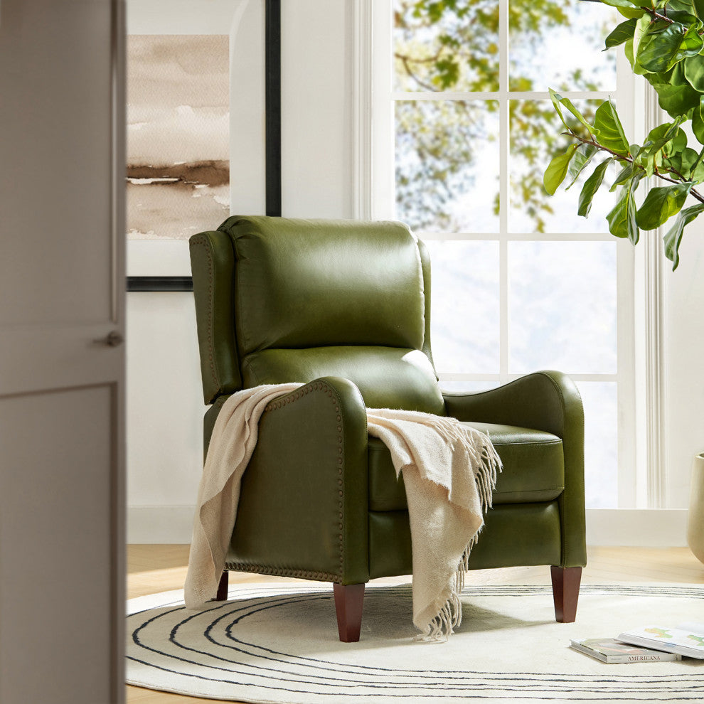 Genuine Leather  Push back Recliner With Wingback, Olive