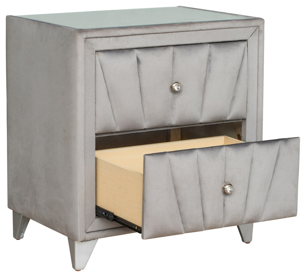 2-Drawer Wood Nightstand with Velvet Fabric and Glass Worktop, Silver Gray