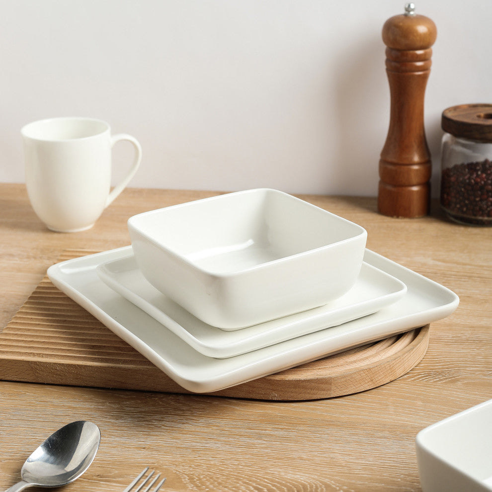 Stone Lain Amy Porcelain Plates and Bowls Sets, 24 Piece Dinnerware Set, White