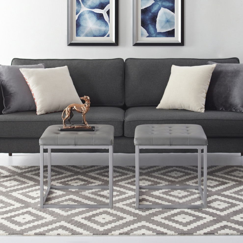 Teresa PU Leather Button Tufted Metal Frame Cube Ottoman, Gray