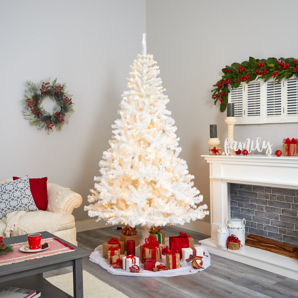 7' White Faux Xmas Tree With 1000 Bendable Branches and 350 Clear LED Lights