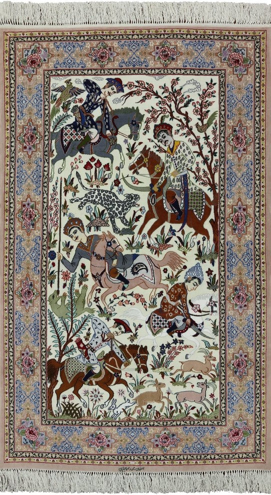Hunting Scene Handmade Wool and Silk Authentic Signed Persian Isfahan Rug, 4'x7'