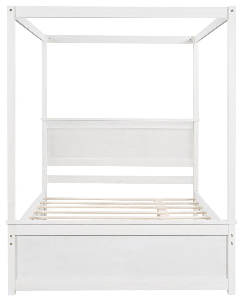Full Wood Frame Canopy Platform bed with Trundle Bed, White, Full