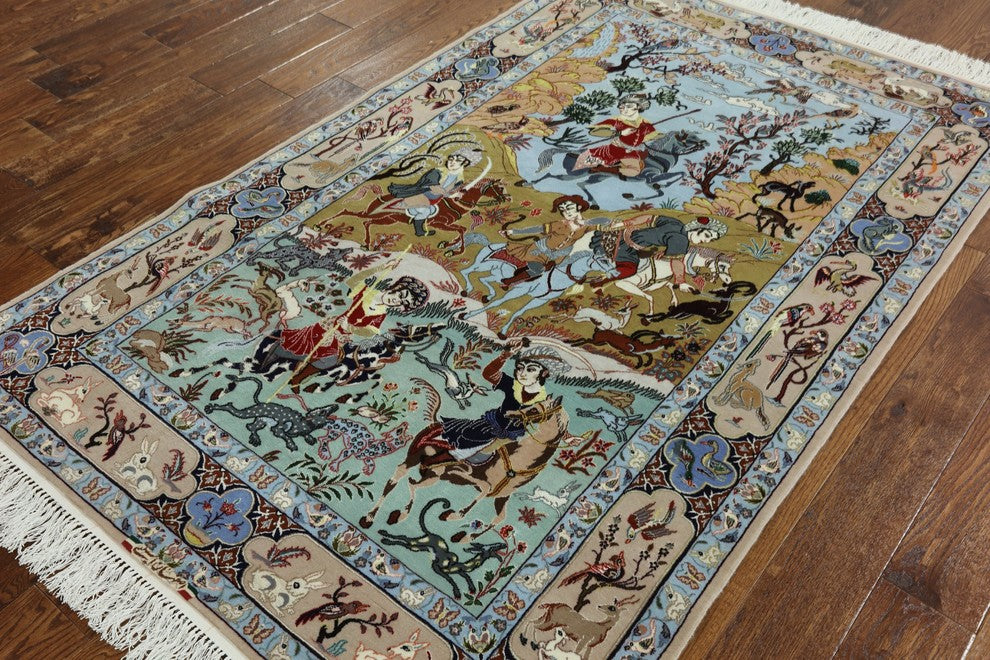 Hunting Scene Wool and Silk Authentic Signed Persian Isfahan Rug, 4'x7'
