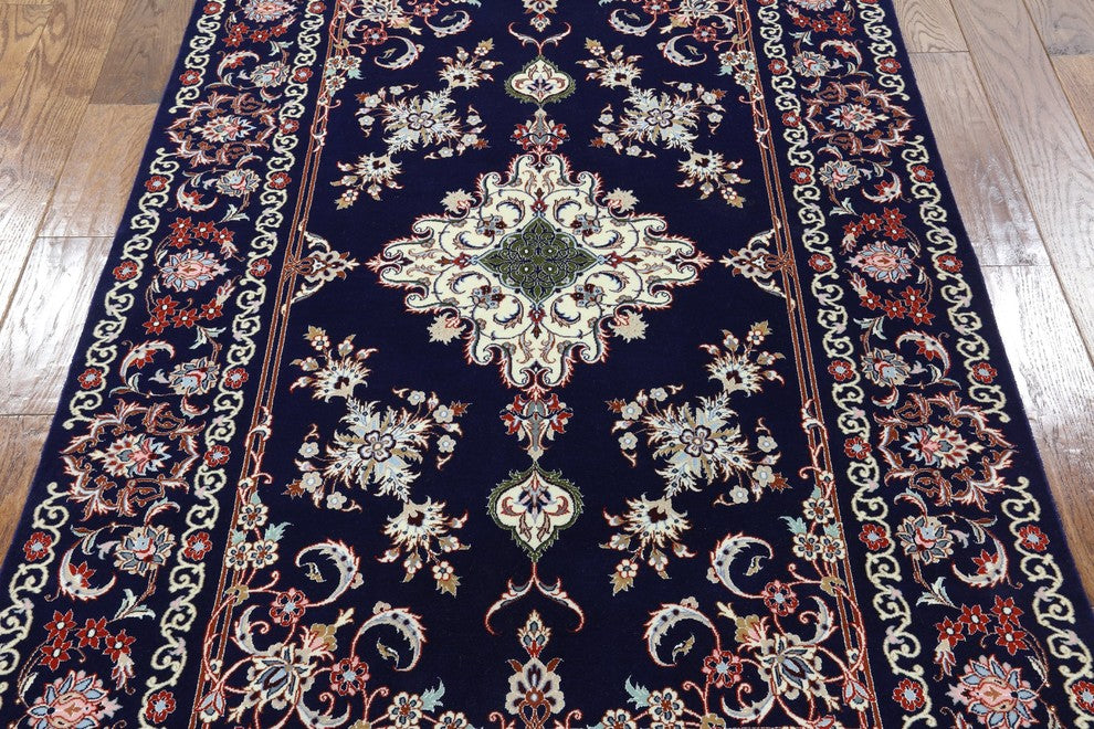 Wool and Silk Signed Authentic Persian Isfahan Hand Knotted Area Rug, 4'x6'
