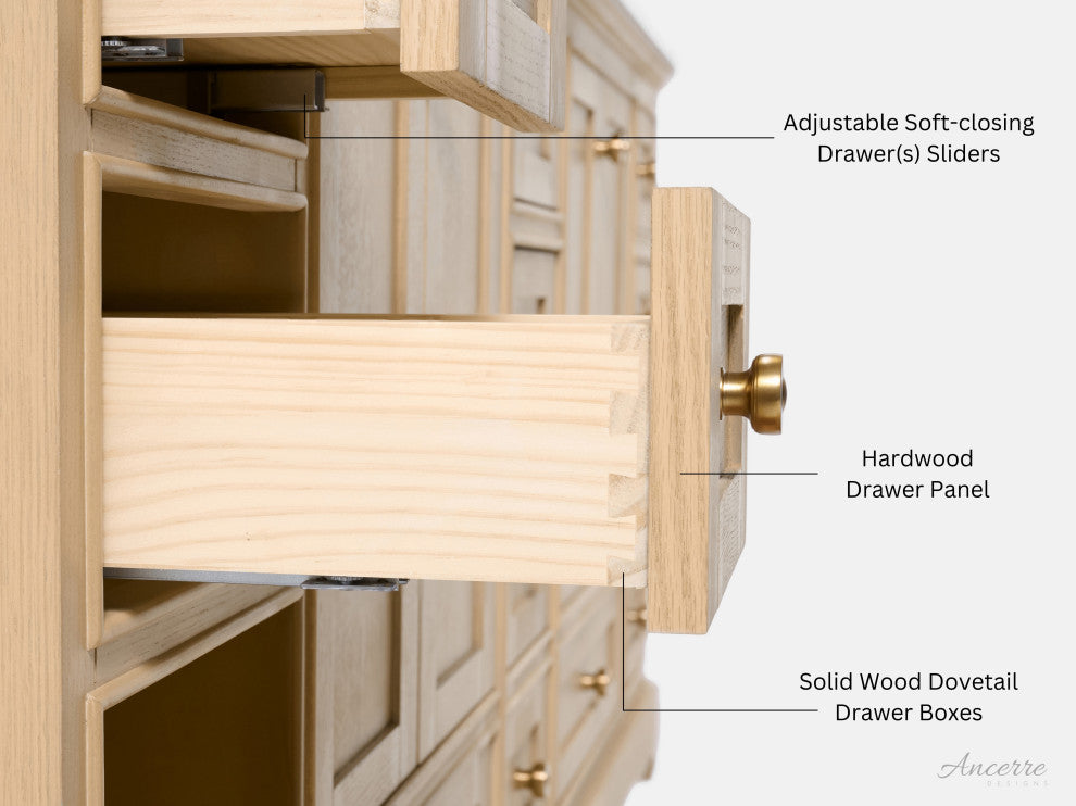 Audrey Vanity Set, Oak, 60", Gold Hardware, White Quartz Top