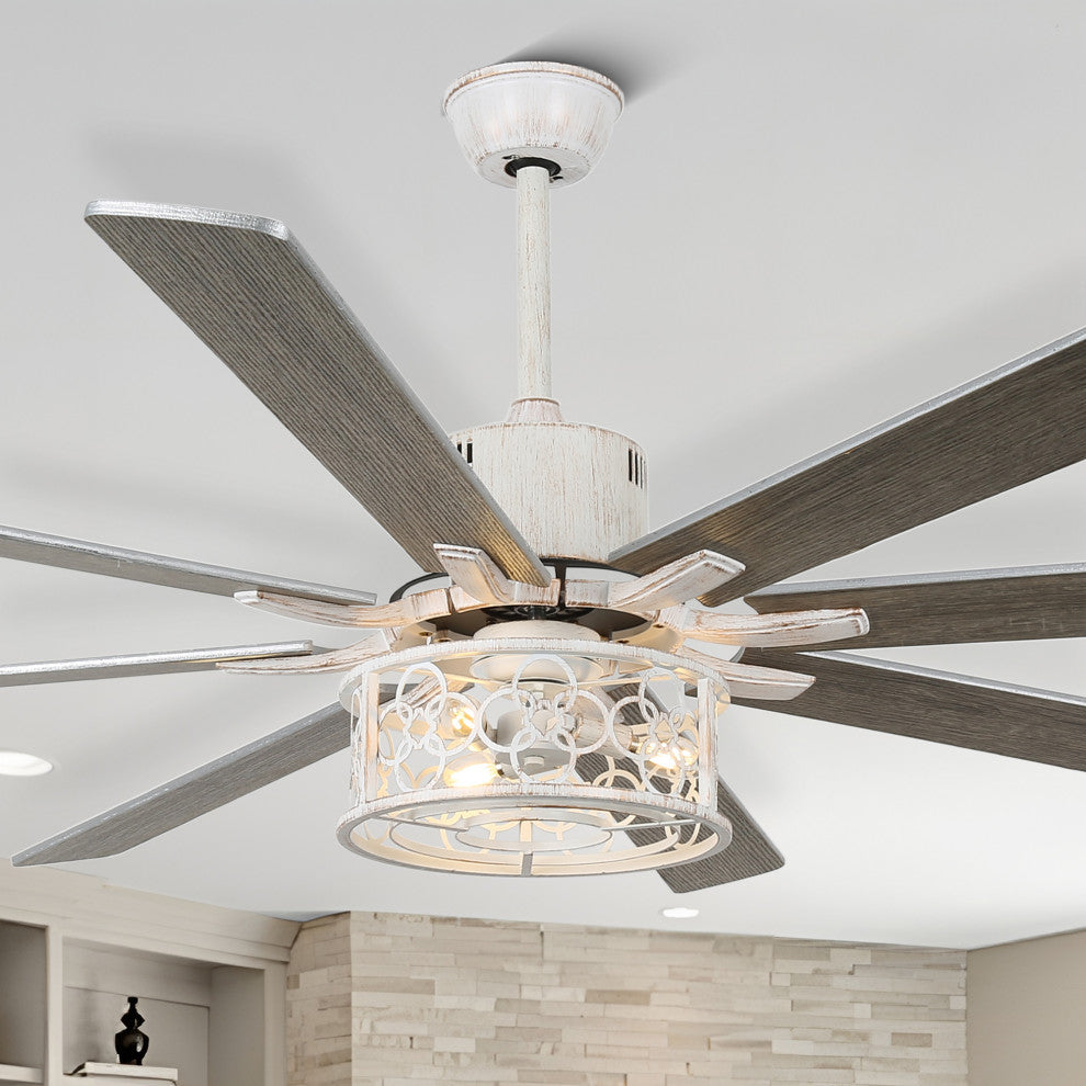 72" Antique Large Ceiling Fan with Light Kit, 8 Wood Blades Ceiling Fan, Chrome