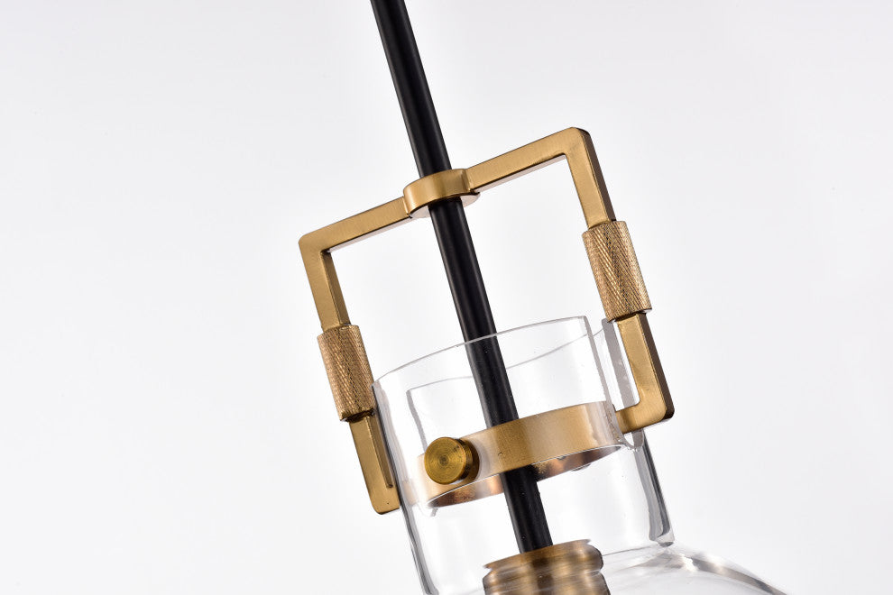 1-Light Black and Antique Gold 10 in. Bowl Glass Pendant