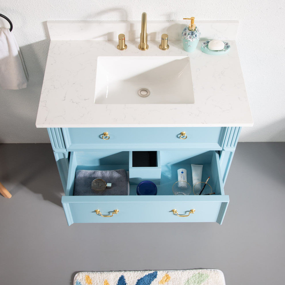 36 In Bathroom Vanity Set with Quartz Top, 32 In Mirror, cUPC Certified Sink, Classic Blue