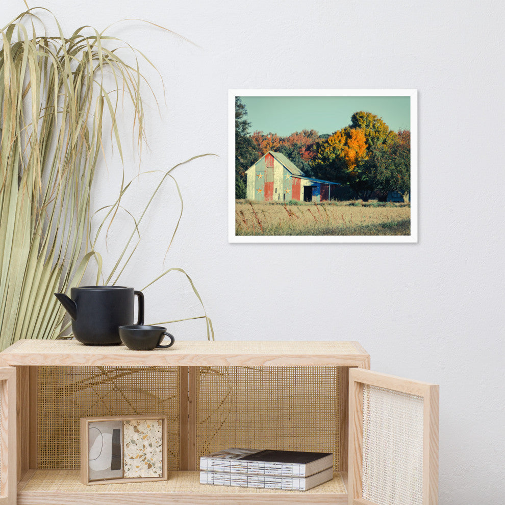 Patriotic Weathered Barn in Field Cross Processed Framed Photo Wall Art Prints, White, 16" X 20"