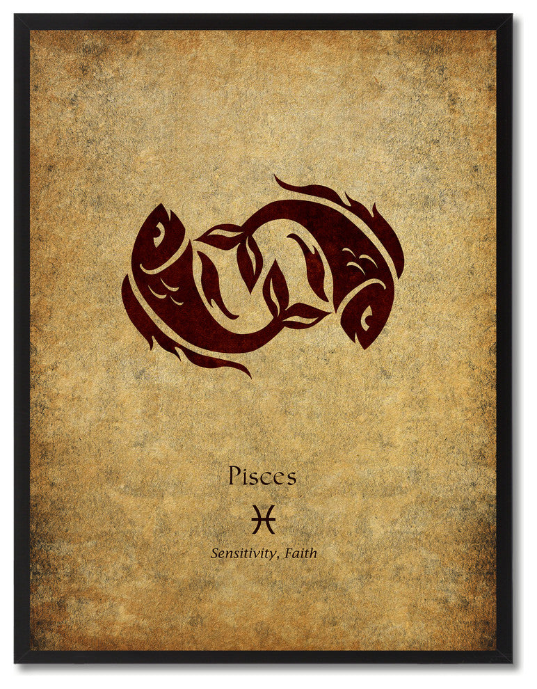 Pisces Horoscope Astrology Brown Print on Canvas with Picture Frame, 28"x37"