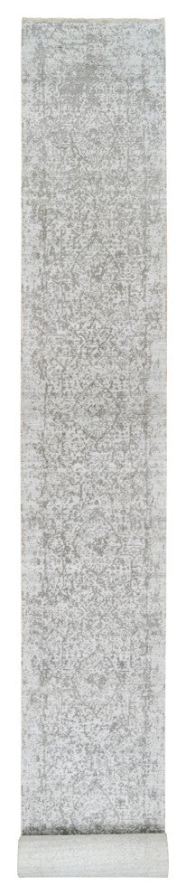 Gray Hand Knotted Broken Persian Design Wool and Silk XL Runner Rug, 2'7"x23'9"
