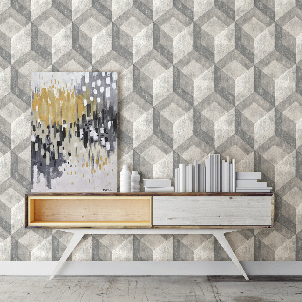 Rustic Wood Tile Ash Geometric Wallpaper, Bolt