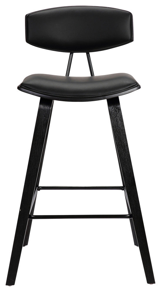 Fox 25.5" Mid-Century Counter Height Barstool, Black Faux Leather