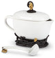 White Stoneware Sauce Boat with Ladle and Metal Gold Leaf Base