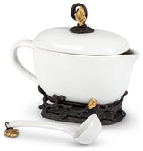 White Stoneware Sauce Boat with Ladle and Metal Gold Leaf Base