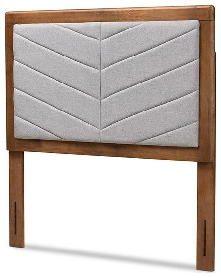 Light Grey Fabric Upholstered and Walnut Brown Finished Wood Twin Size Headboard