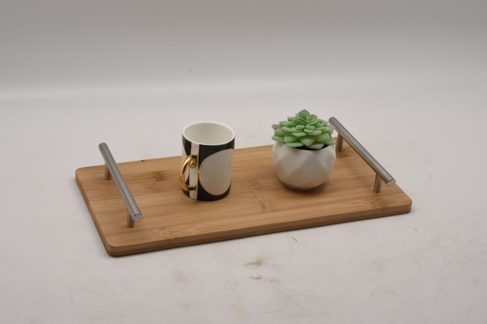Heim Concept Rectangular Bamboo Tray With Chrome Finish Handle