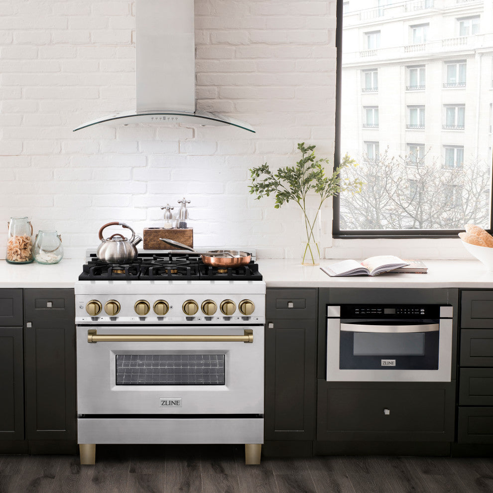 ZLINE 36" Dual Fuel Range, Stainless Steel With Champagne Bronze RAZ-36-CB