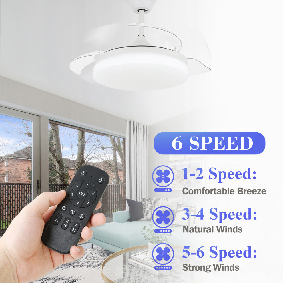 42" Reversible Ceiling Fan with Retractable Blade and Led Light 36W, White, 42"