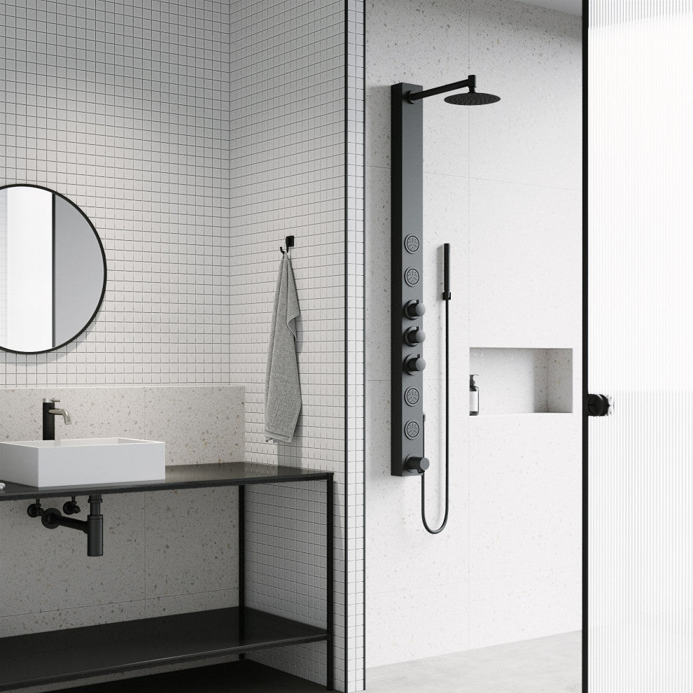 Bowery 58" H x 4" W 4-Jet Shower Panel with Round Shower Head and Tub Filler, Matte Black
