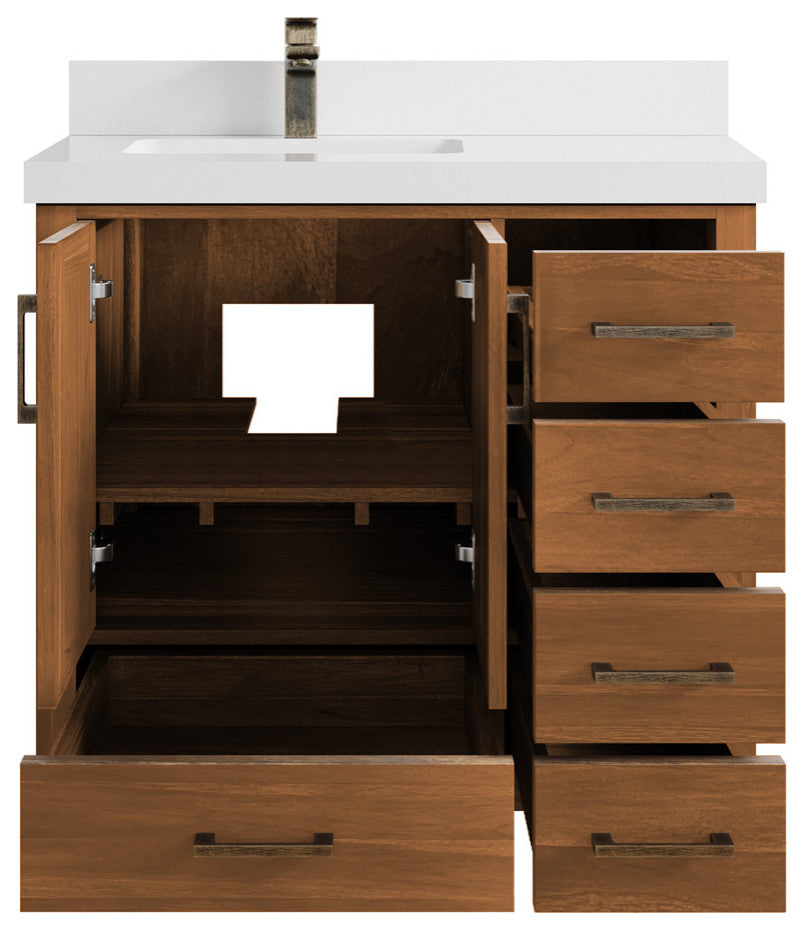 Malibu Teak 36 Left Offset Bath Vanity in Golden Teak 2" White Quartz