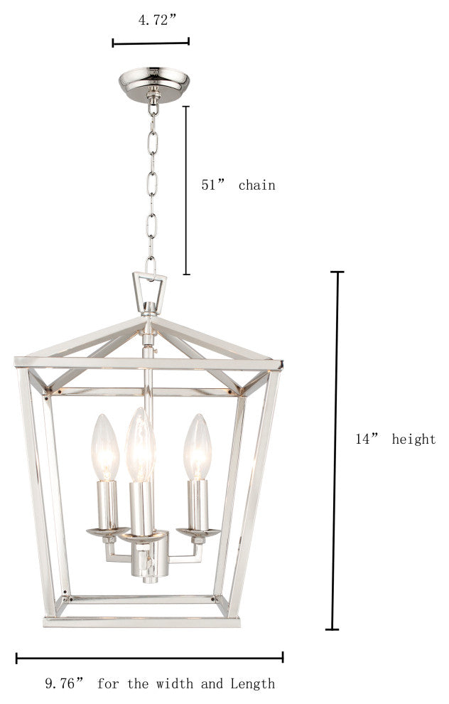 3-Light Lantern Chandelier, Polished Nickel