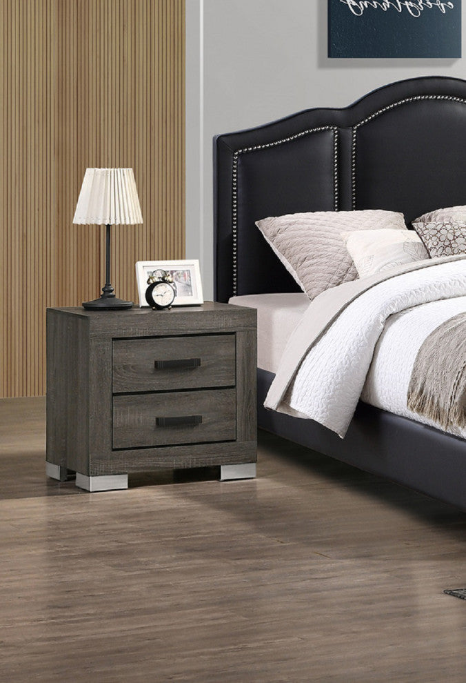2 Drawers Wood Nightstand With Black Handles, Gray