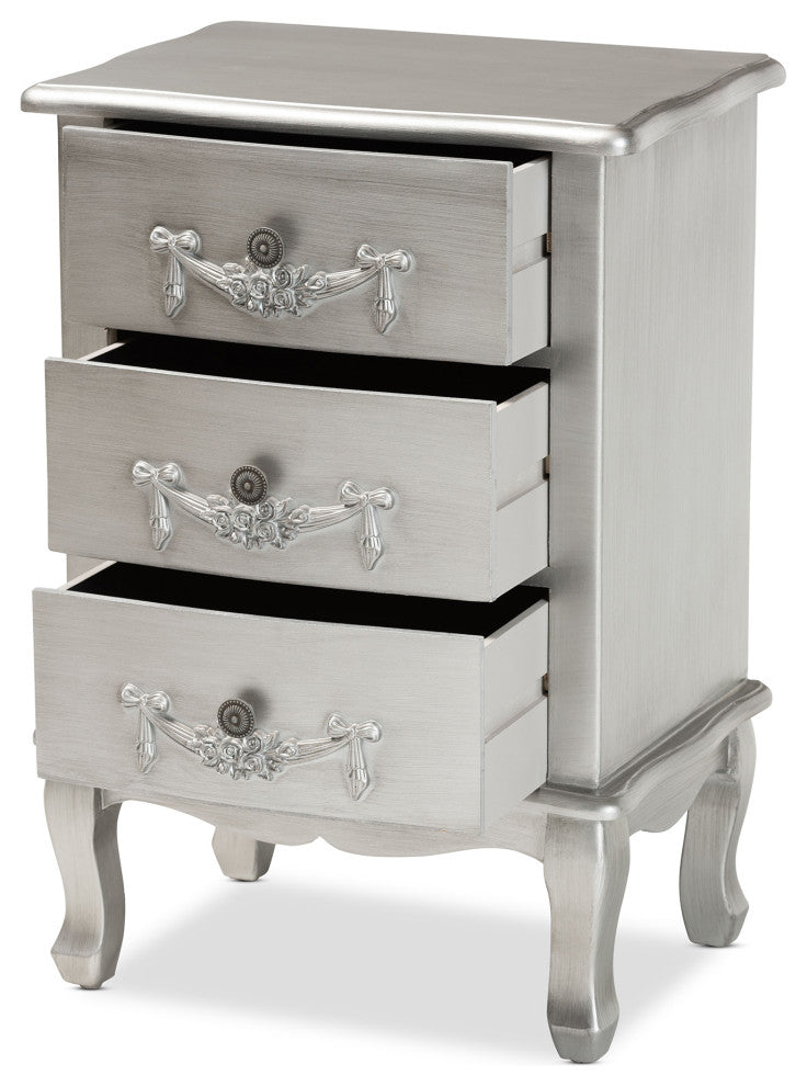 Callen Classic and Traditional Brushed Silver Finished Wood 3-Drawer Nightstand