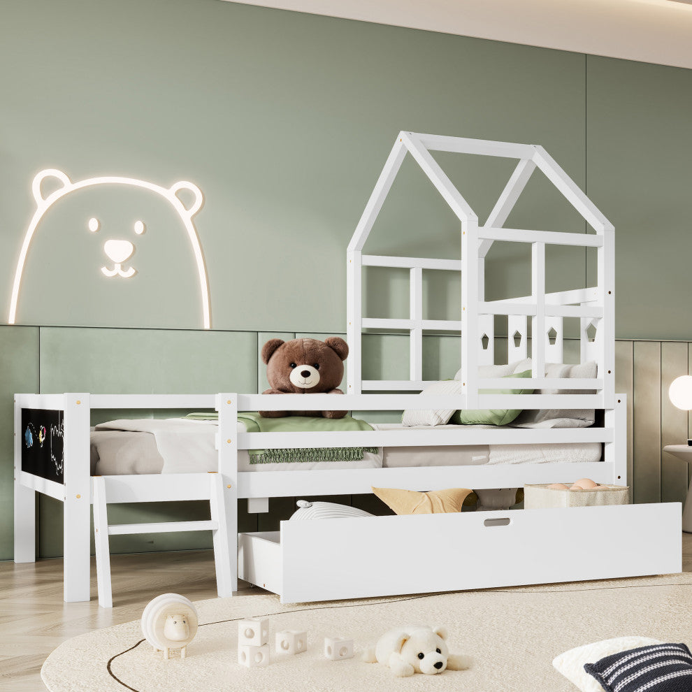 Gewnee Twin Size House Bed with Ladder and Storage Drawers for Kid Bedroom