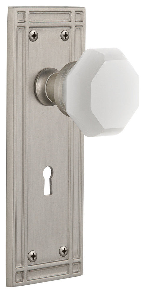 Mission Plate with Keyhole Privacy Waldorf White Milk Glass Knob, Satin Nickel
