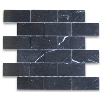 Nero Marquina Black Marble 2x4 Brick Subway Mosaic Tile Polished, 1 sheet